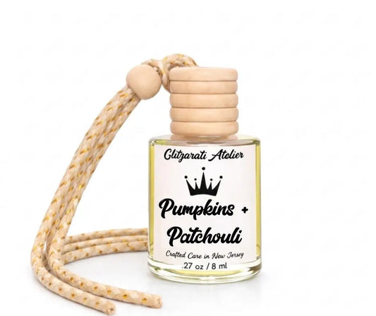 Pumpkins And Patchouli | Luxe Hanging Car Diffuser | Pumpkin, Patchouli & Cinnamon Woods | Refillable Glass Freshener