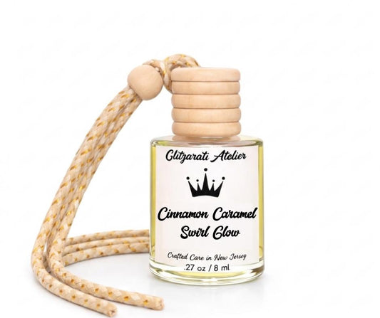 Cinnamon Caramel Swirl Glow | Luxe Hanging Car Diffuser | Caramel, Cinnamon Bakery & Vanilla Sugar | Refillable Glass Freshener