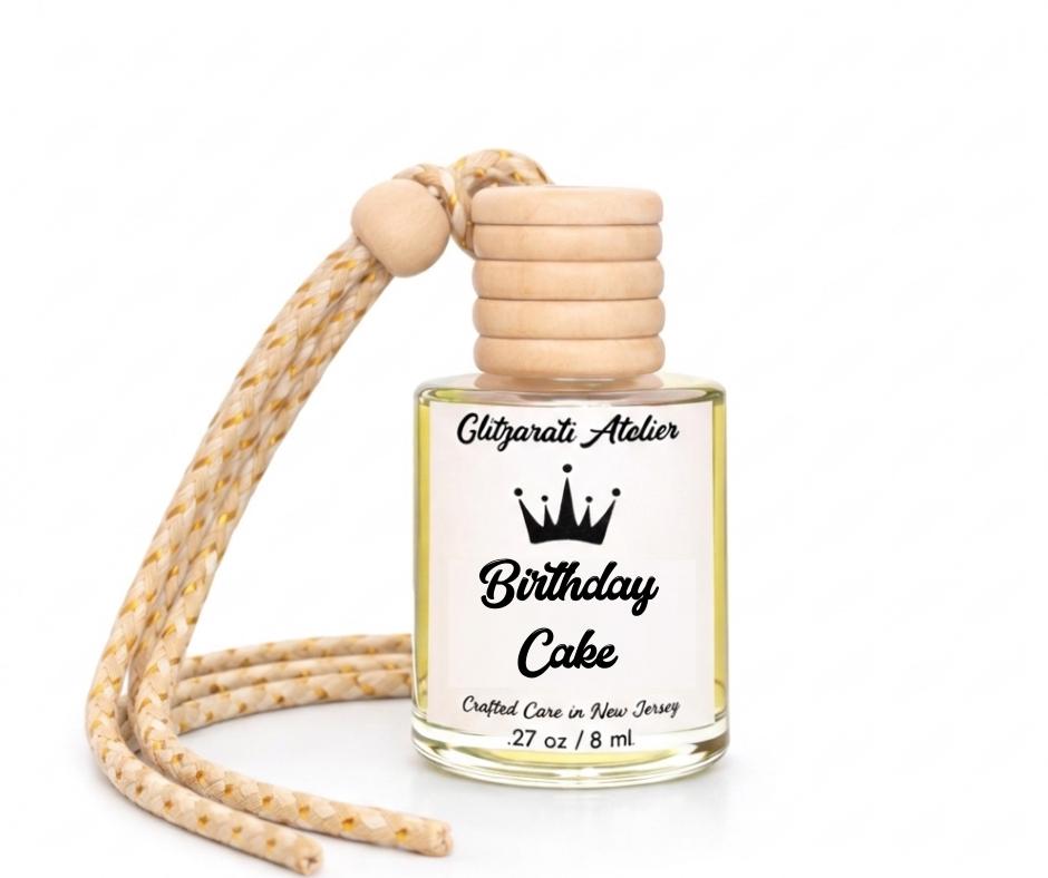 Birthday Cake | Luxe Hanging Car Diffuser | Sweet Cake & Vanilla Frosting | Refillable Glass Freshener