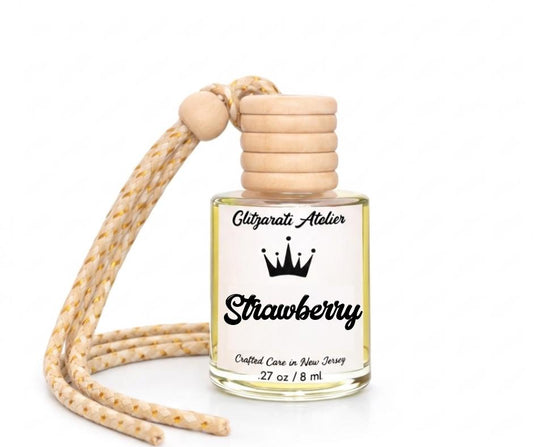 Strawberry | Luxe Hanging Car Diffuser | Strawberry Fruit Basket & Fresh Banana | Refillable Glass Freshener