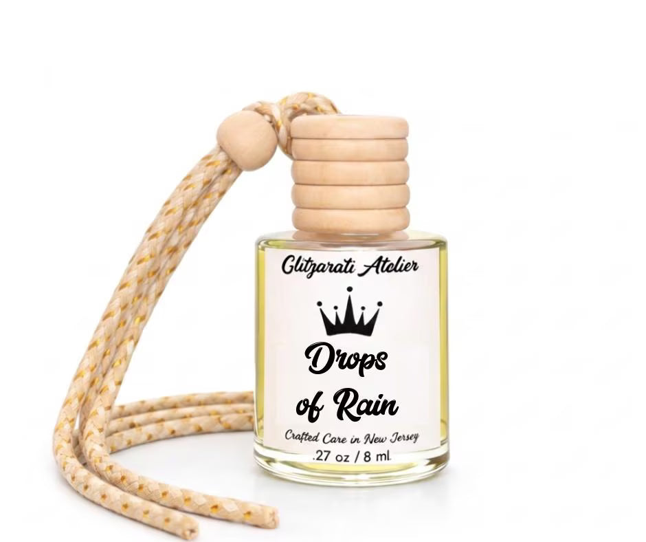 Drops of Rain | Luxe Hanging Car Diffuser | Jasmine, Fresh Rain & Soft Grass | Refillable Glass Freshener