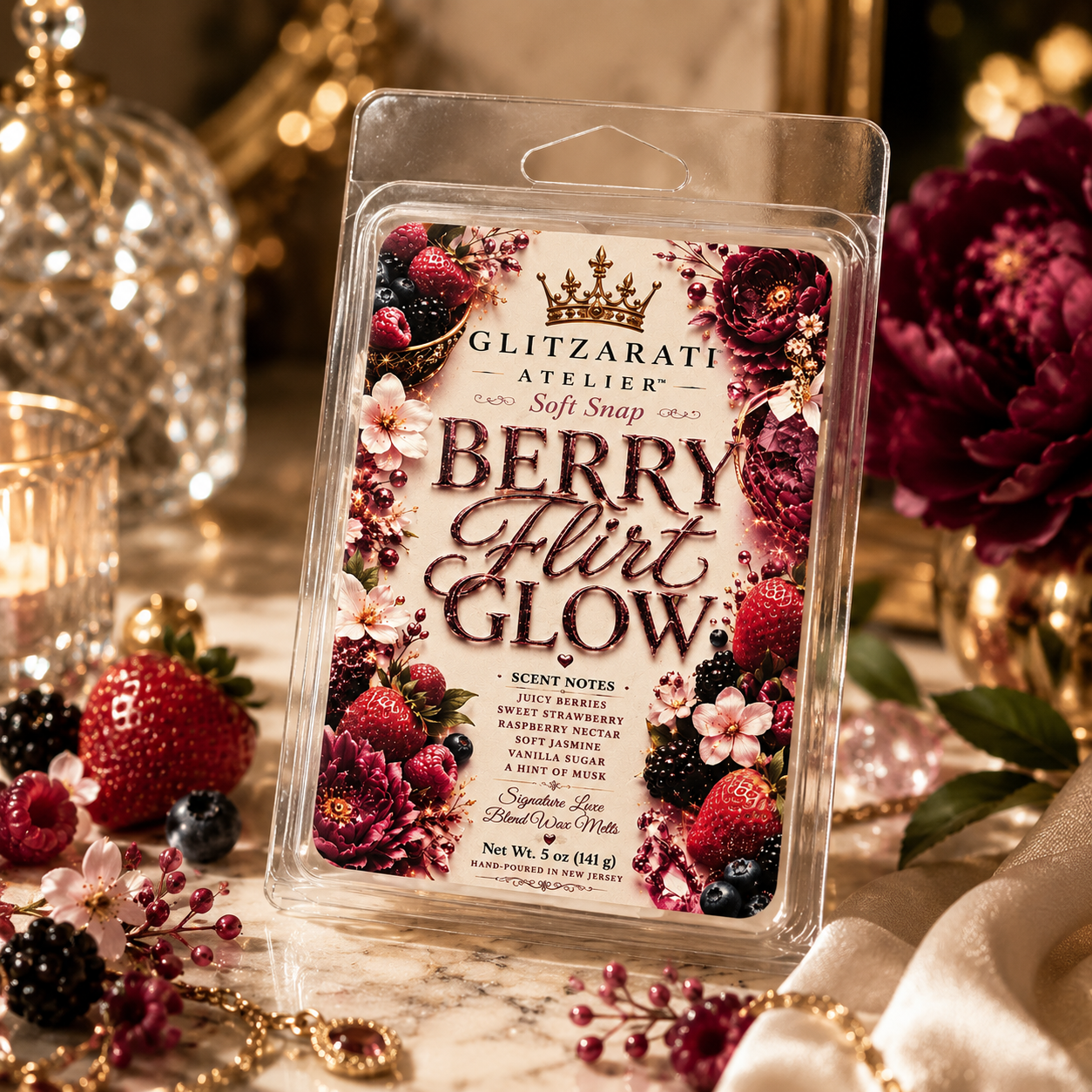 Packaged berry-themed product with decorative elements on a festive background