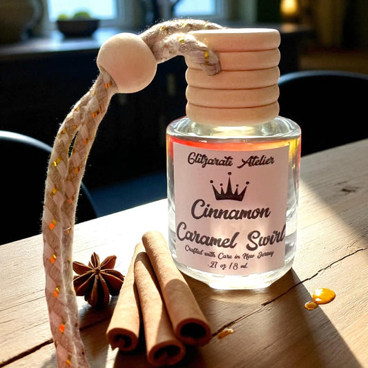 Cinnamon Caramel Swirl Car Diffuser – Buttery Caramel, Cinnamon & Vanilla | 8ml Hanging Glass Freshener by Glitzarati Atelier