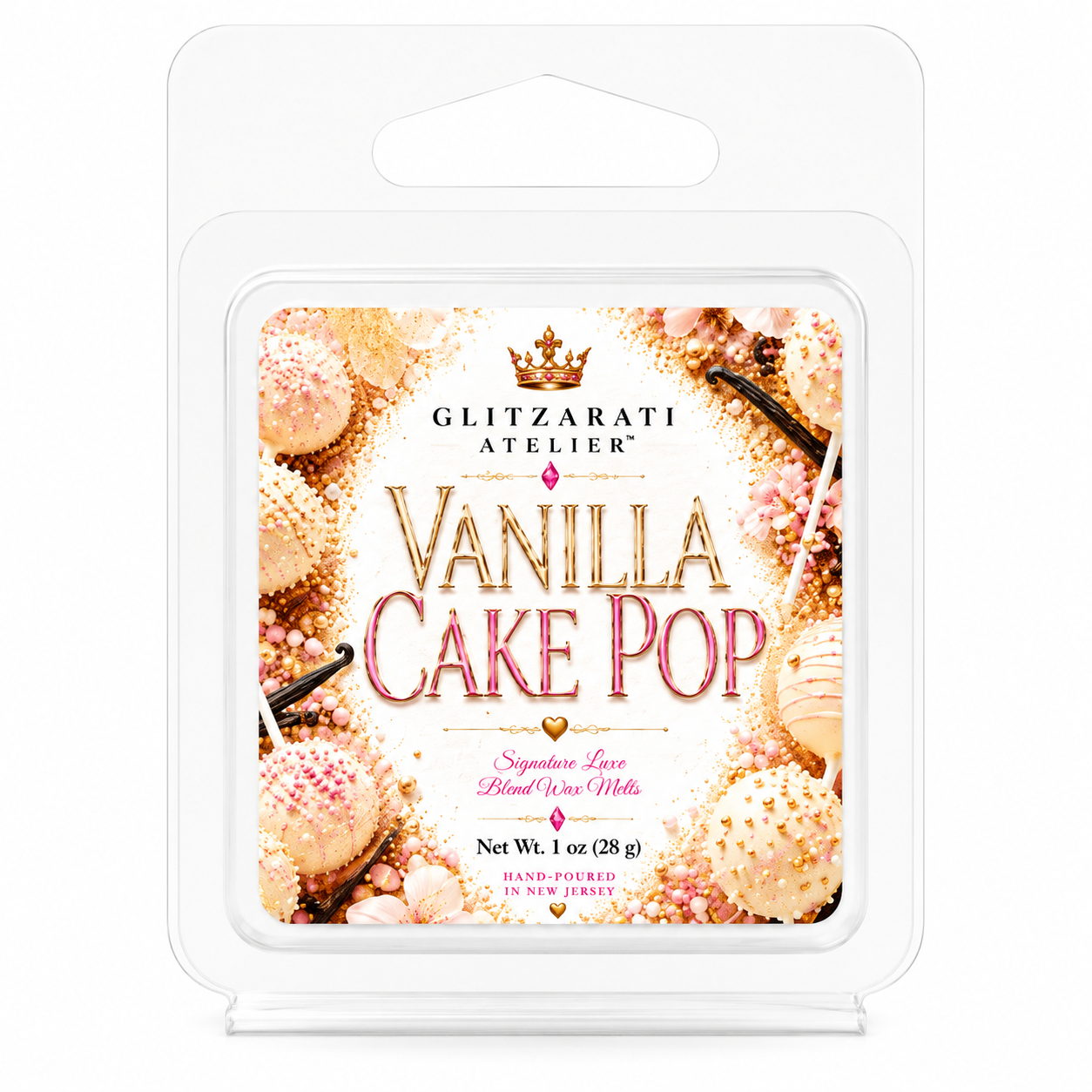 Vanilla cake pop wax melt packaging with 'Glitzerati Atelier' branding on a white background