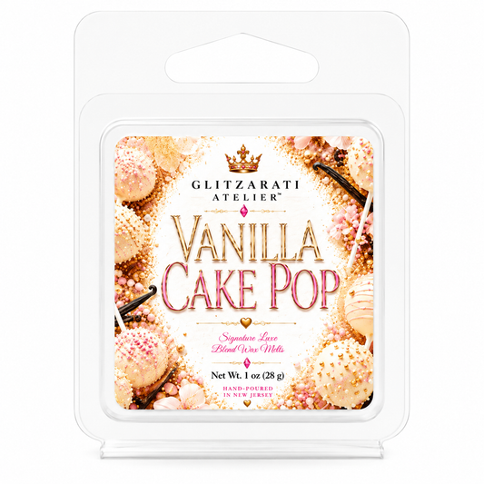 Vanilla cake pop wax melt packaging with 'Glitzerati Atelier' branding on a white background