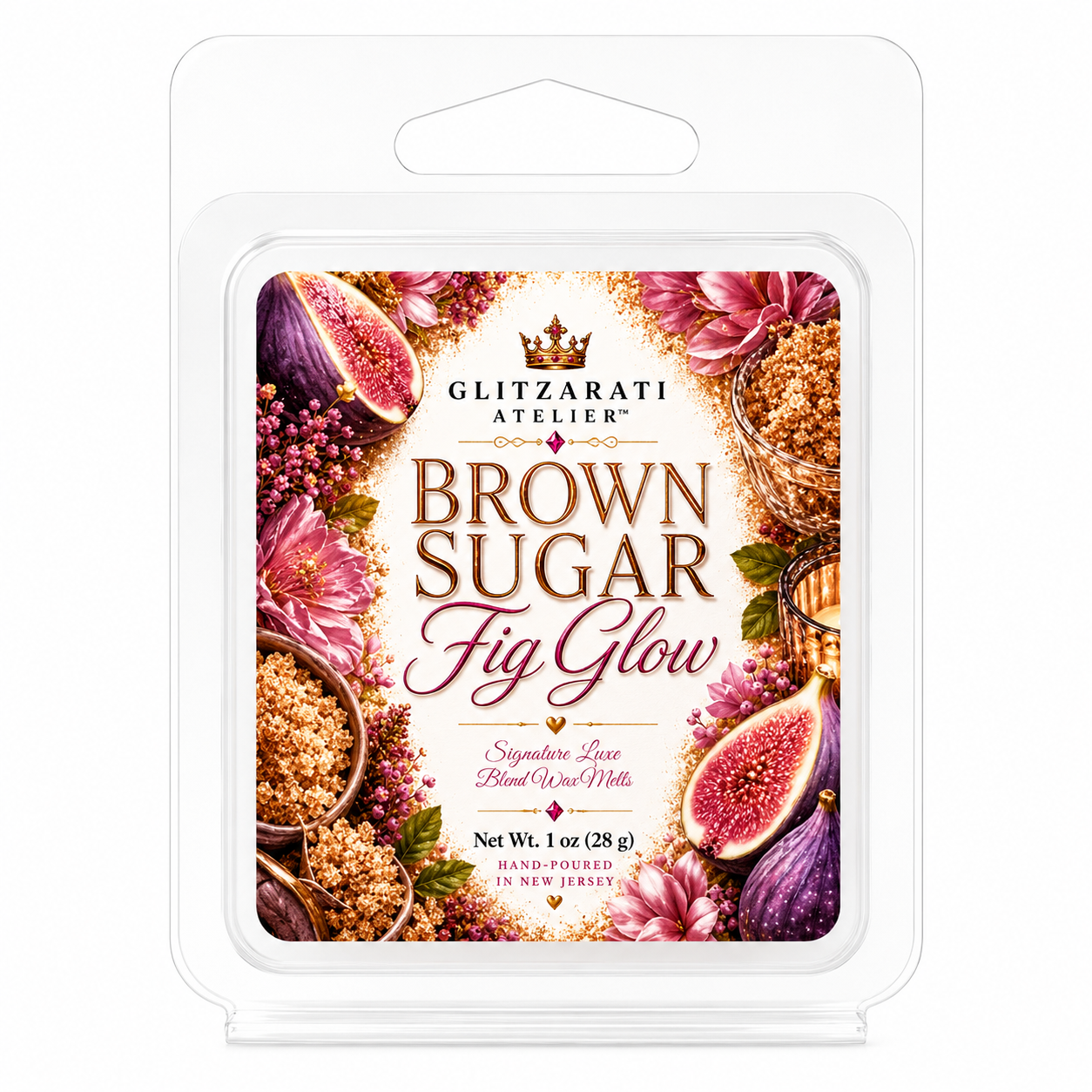 Wax melt packaging with 'Brown Sugar Fig Glow' design and Glitzerati Atelier branding.