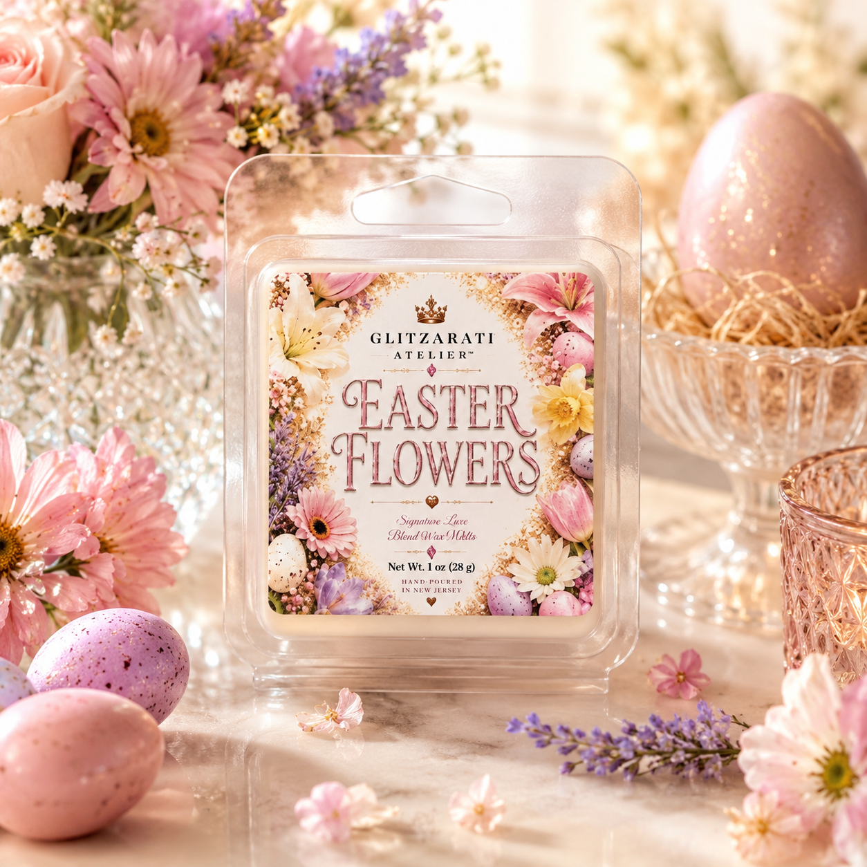 Easter-themed wax melt packaging with flowers and eggs on a decorative background
