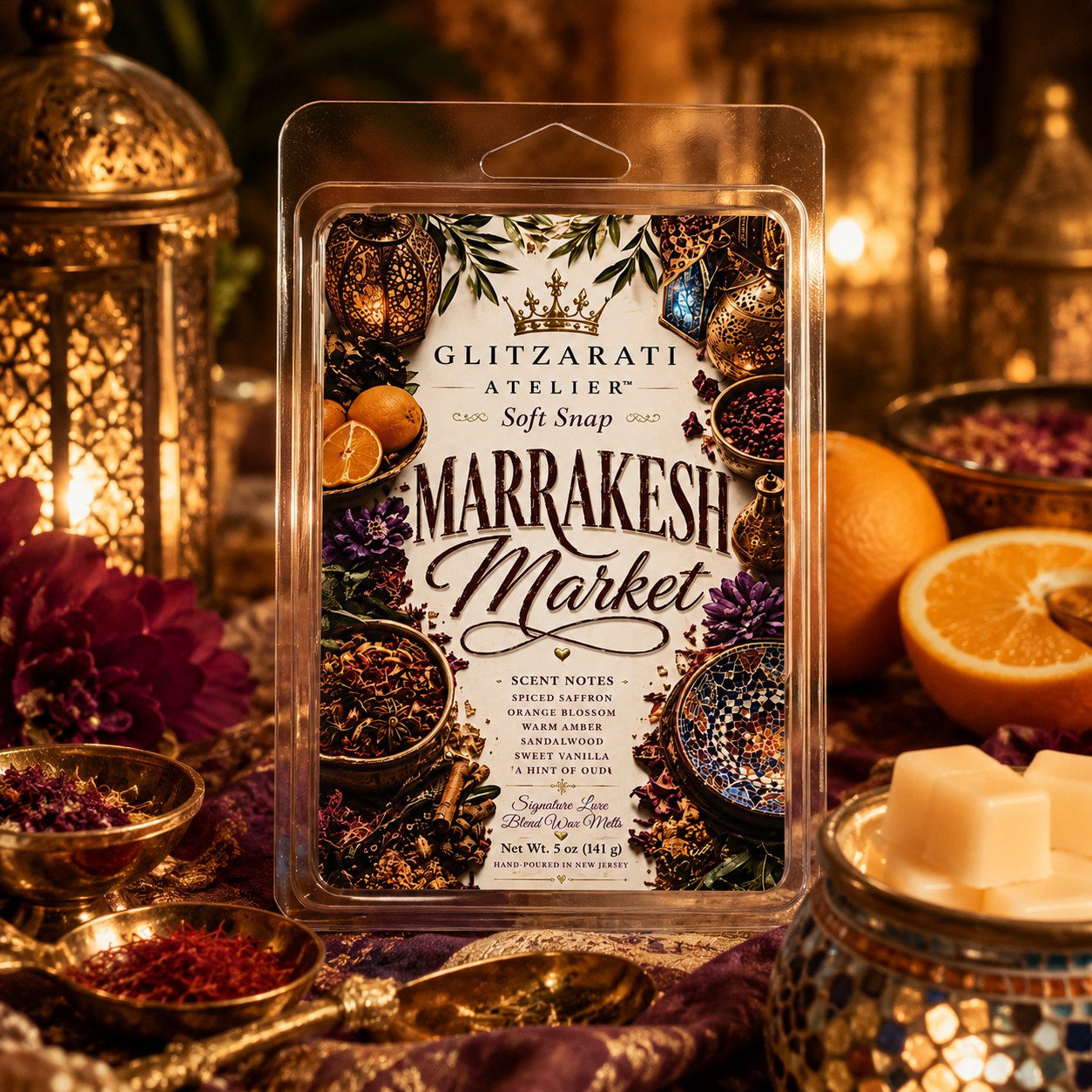 Marrakesh Market | Signature Luxe Blend Wax Melt | Cardamom, Saffron Incense & Tobacco Woods | 5 oz Clamshell | Glitzarati Atelier™