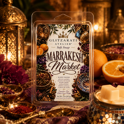 Marrakesh Market | Signature Luxe Blend Wax Melt | Cardamom, Saffron Incense & Tobacco Woods | 5 oz Clamshell | Glitzarati Atelier™