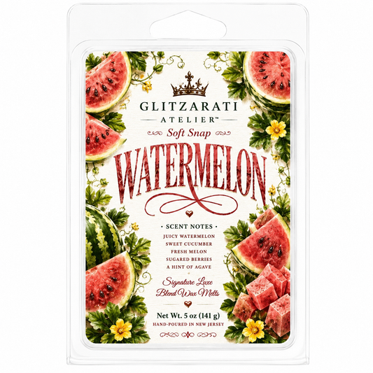 Glitzerati Atelier watermelon wax melt packaging on a white background