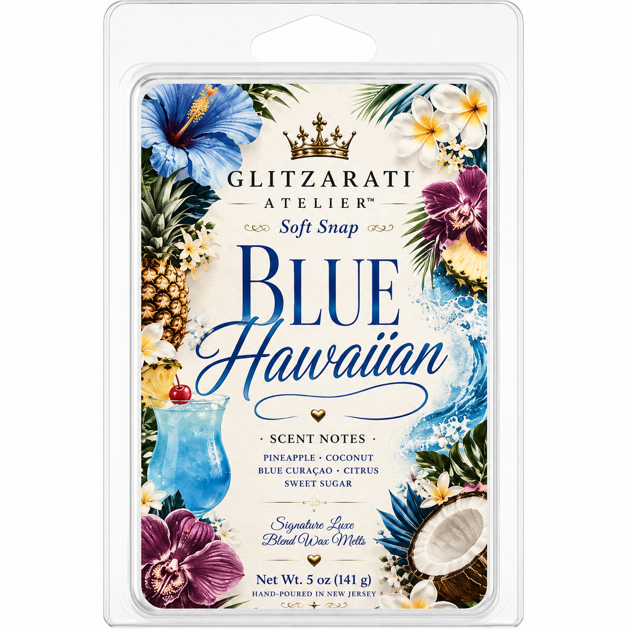 Packaged wax melt with 'Blue Hawaiian' design and branding on a white background