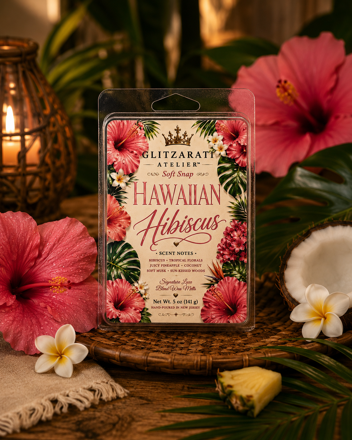 Hawaiian Hibiscus soft soap packaging with tropical flowers and leaves on a wooden surface.