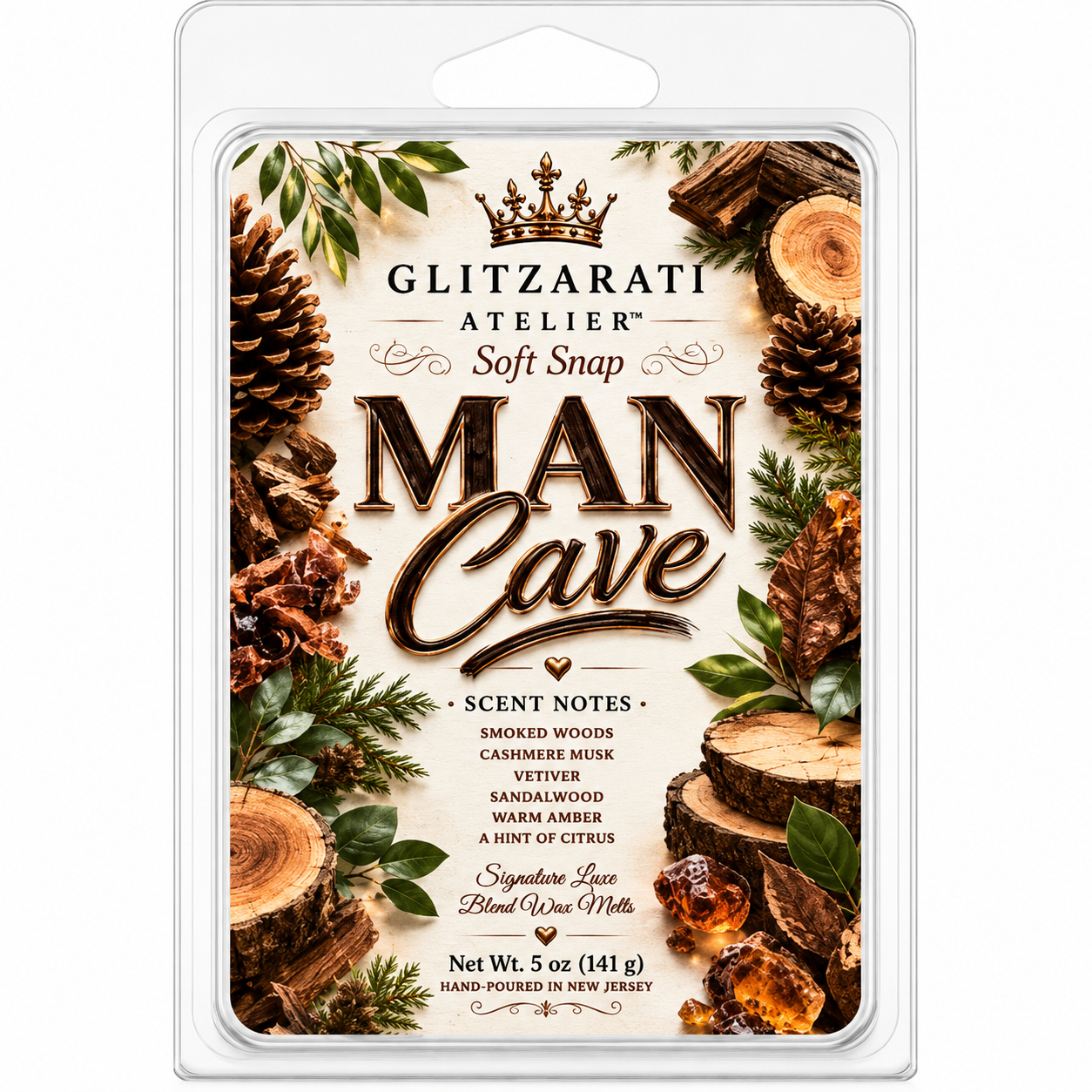 Packaged wax melt with 'Man Cave' theme and Glitzerati Atelier branding.