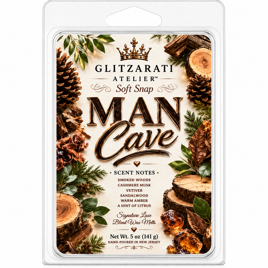 Packaged wax melt with 'Man Cave' theme and Glitzerati Atelier branding.