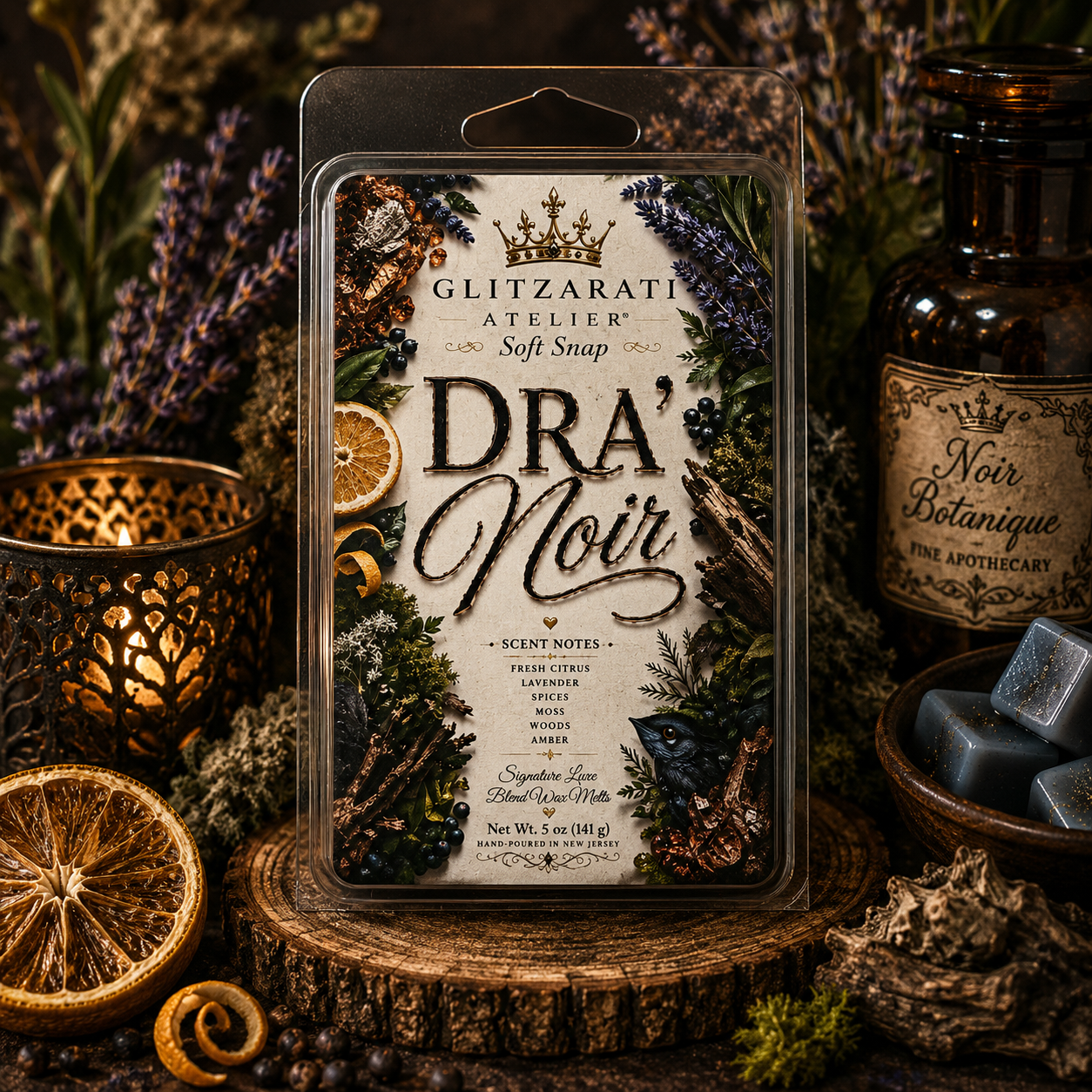 Packaged product with 'Dra' Noir' branding surrounded by decorative elements like dried oranges and candles.