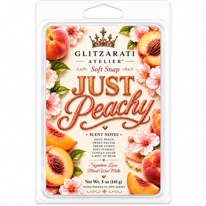 Glitzerati Atelier 'Just Peachy' scented wax melt packaging with peaches and flowers.