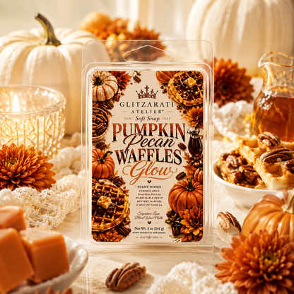 Pumpkin Pecan Waffles Glow wax melt packaging with autumn-themed design on a decorative background.