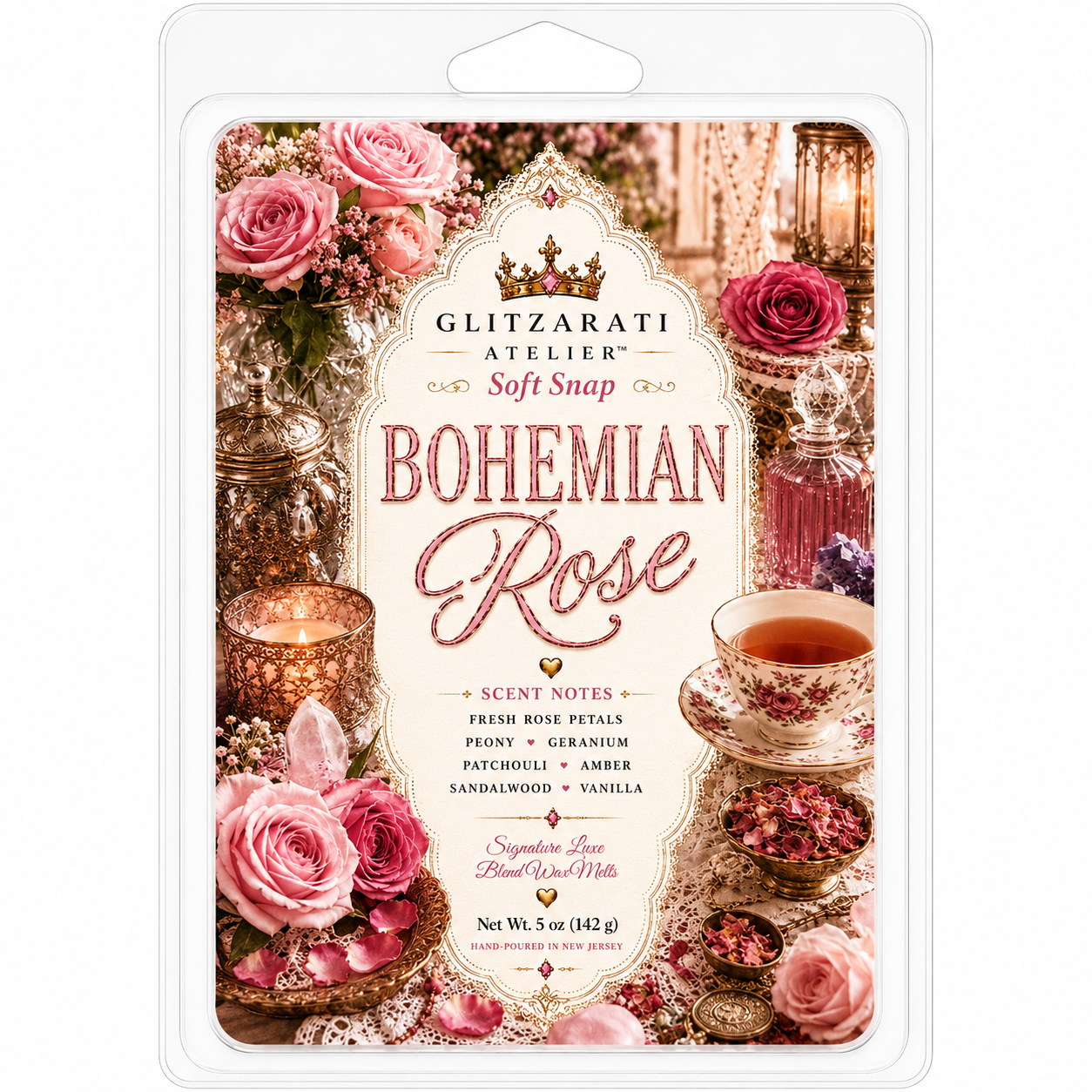 Glitzarati Atelier Bohemian Rose scented wax melt packaging with floral design