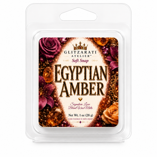 Glitzarati Atelier Egyptian Amber wax melt packaging on a white background